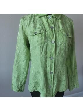 Chico's Green Textured Blouse Linen Silk Spring Sz 0 (4 US)